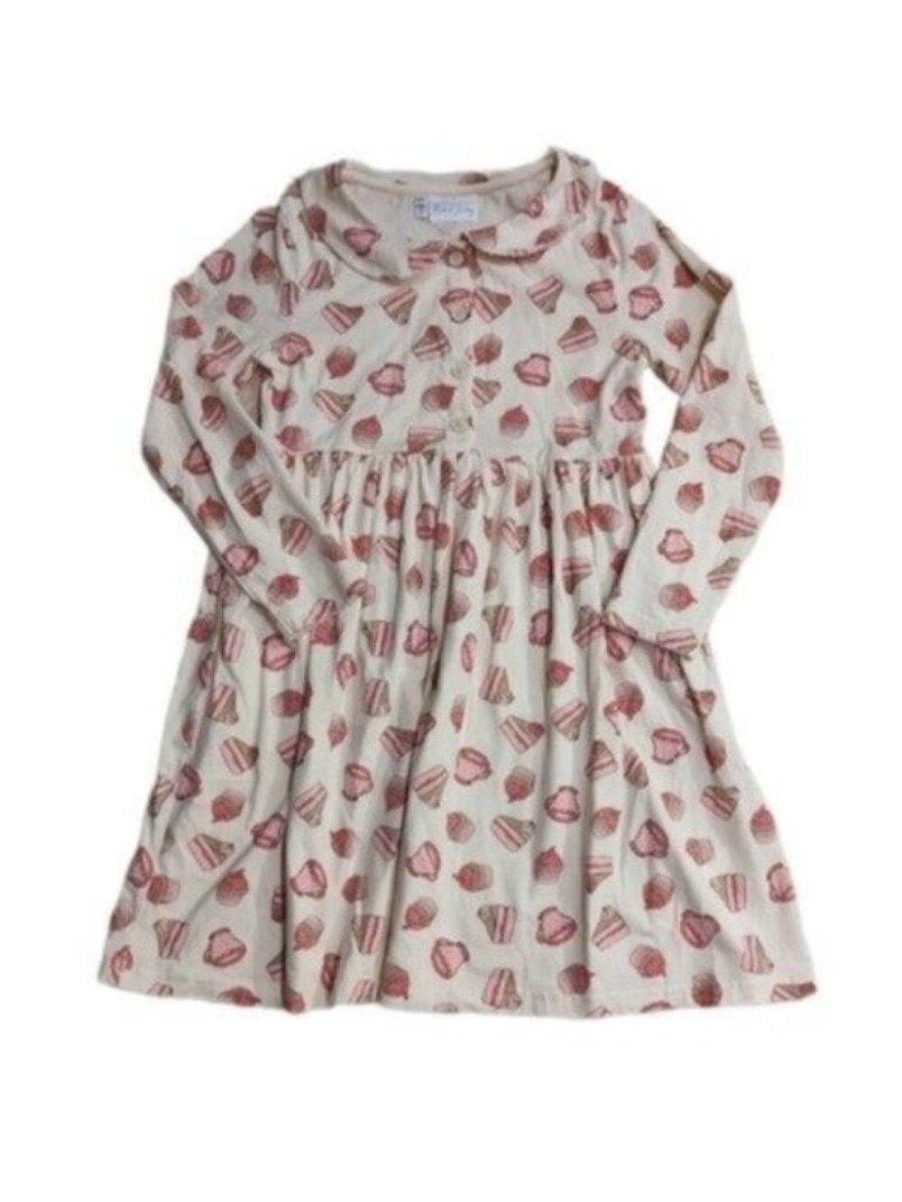 Rachel Riley All-Over Cake Print Gathered Waist Long Sleeve Dress 8Y